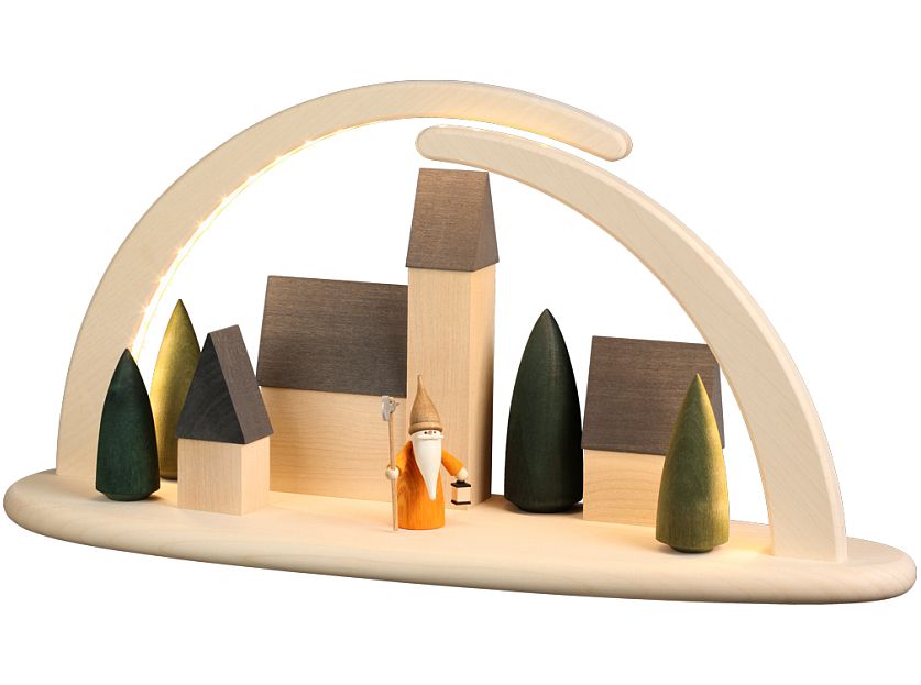 Seiffen Handcraft - Candle Arch Illuminated Light Arch motive Town Scene with Night Watchman Gnome USB 5V