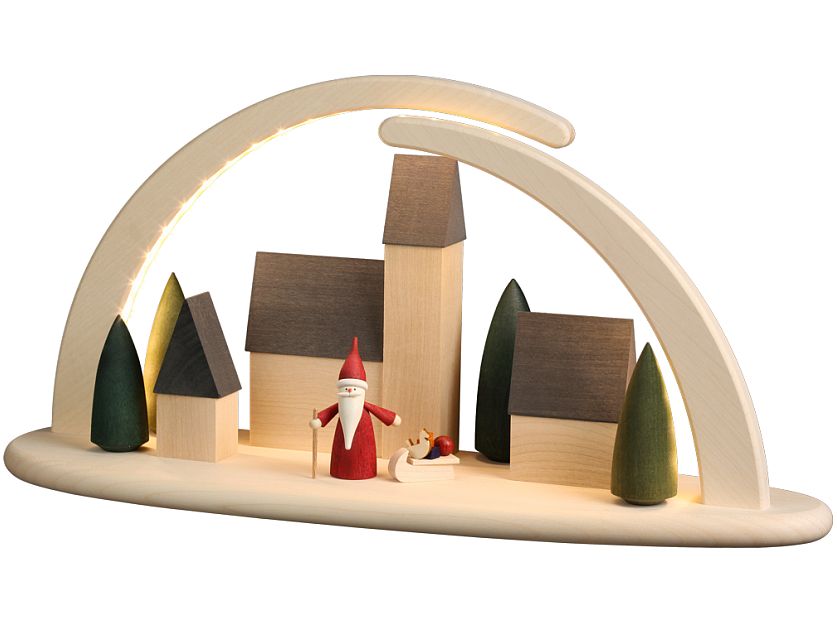 Seiffen Handcraft - Candle Arch Illuminated Light Arch motive Town Scene with Santa Gnome USB 5V