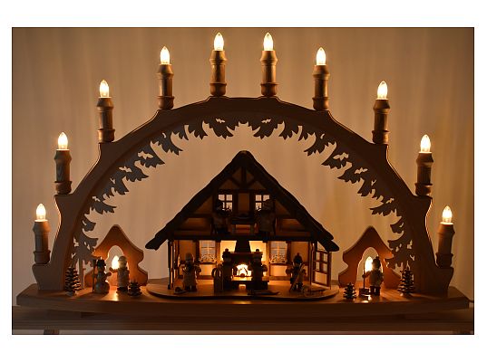Lenk - Schwibbogen Erzgebirgshaus mit Hutzenstube beleuchtet