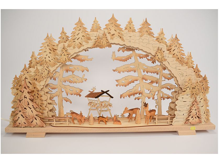 Tietze - Schwibbogen Wildfütterung, geschnitzte Rehe, 3D, LED und Airbrush