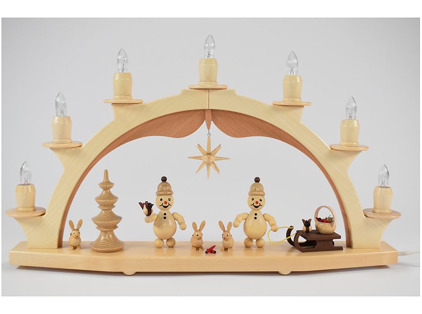 Wagner - Lichterbogen / Schwibbogen Junior mit Vogel, Schlitten, Korb und Stern