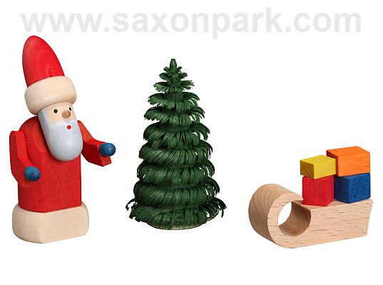 Seiffener Volkskunst - Miniaturen Weihnachtsmann mit Schlitten, farbig, 3-teilig